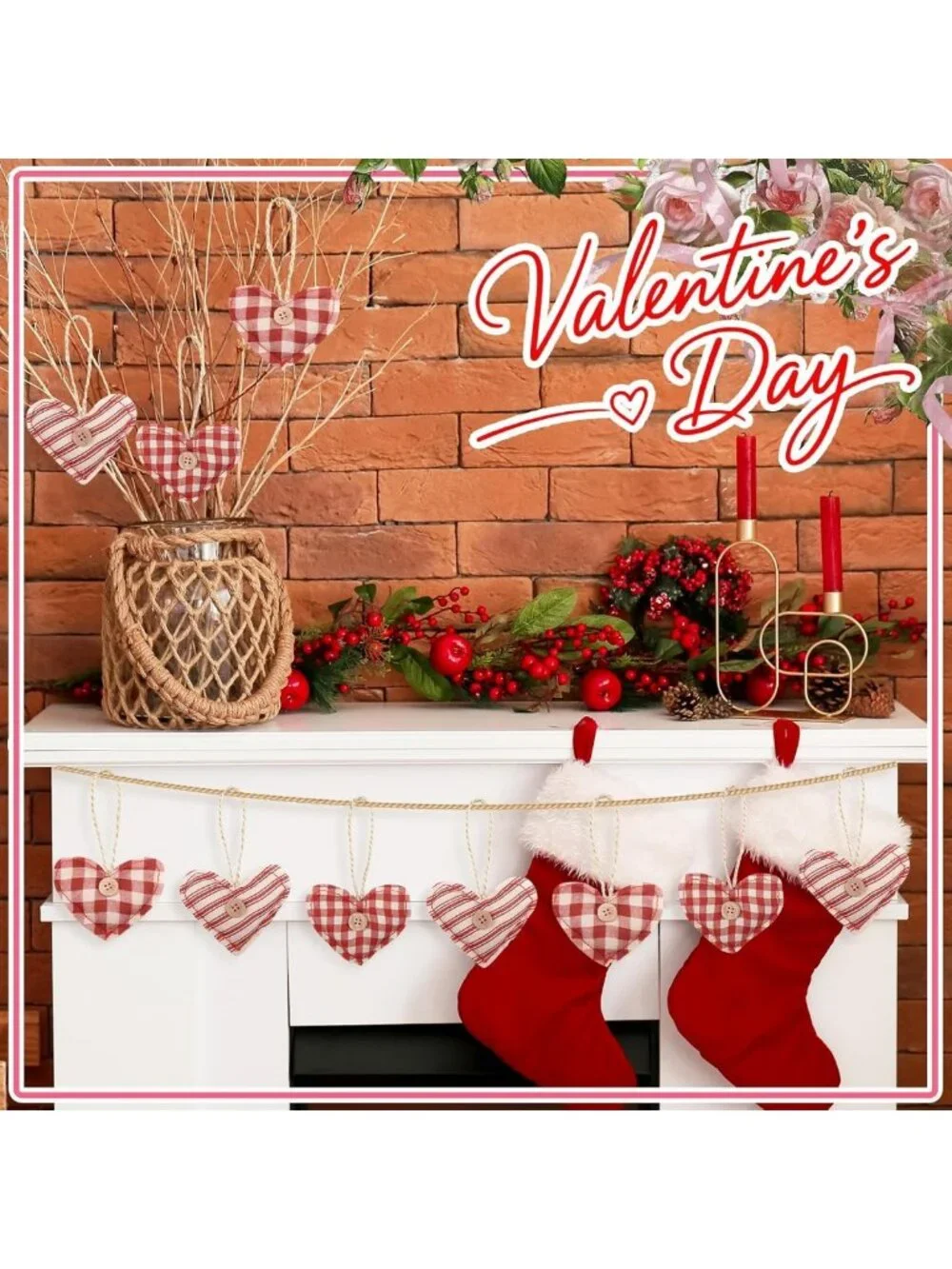 12 Pcs Vintage Heart Ornaments | Rustic Buffalo Plaid Hanging Decor for